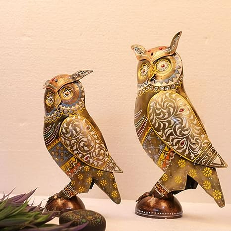 Handpainted Metal Owl Showpiece- Set of 2