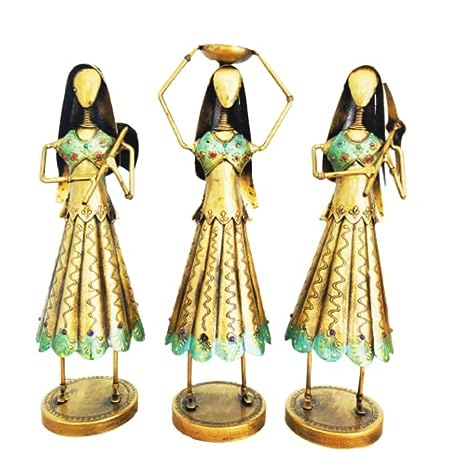 Antique Metal Tribal Working Lady Showpiece- Set of 3