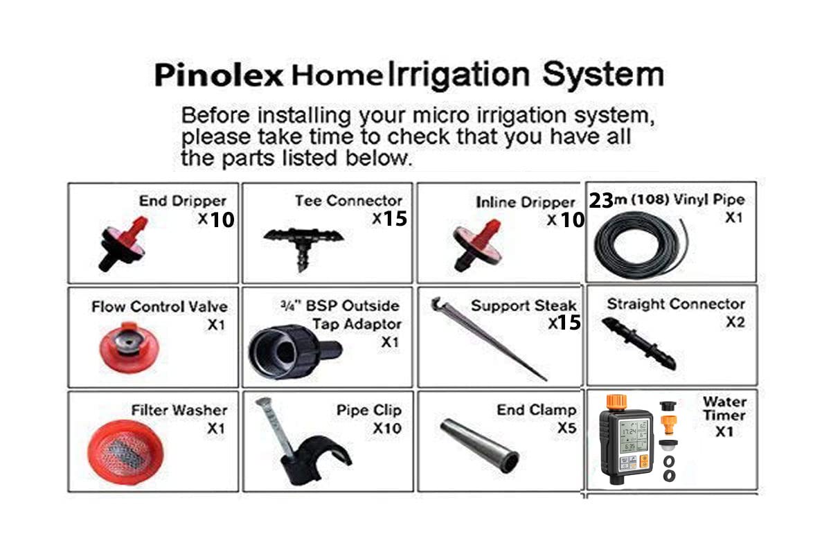 Pinolex Premium Drip Irrigation - Gardener's Micro Drip Kit for 20 Potted Plants with Fully Automatic Electronic Watering Timer and Irrigation Controller (Combo)