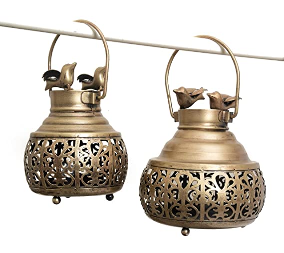 Naturals Export Antique Bird Design Decorative Hanging Lantern/Lamp (Set of 2)