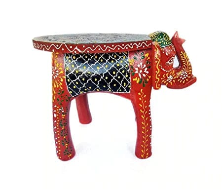Naturals Export Elephant Shaped Multicolor Handcrafted Wooden Stool Cum Side Table (12 Inches)