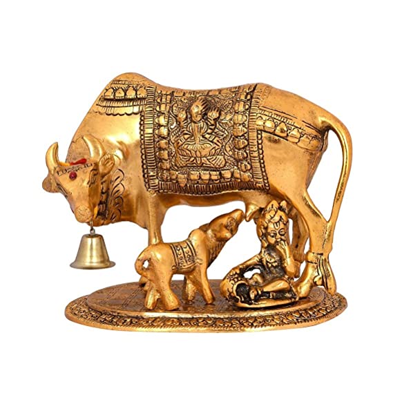 Naturals Export Kamdhenu Cow with Calf and Krishna Idol (Brass)