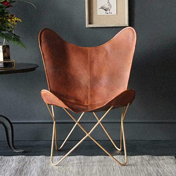 Orbit Art Gallery Handmade Leather Butterfly Chair with Powder Coated Folding Iron Golden Frame