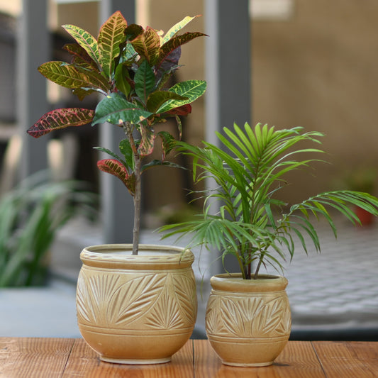 Ceramic Dholak Pot Leaf Pattern (Brown)