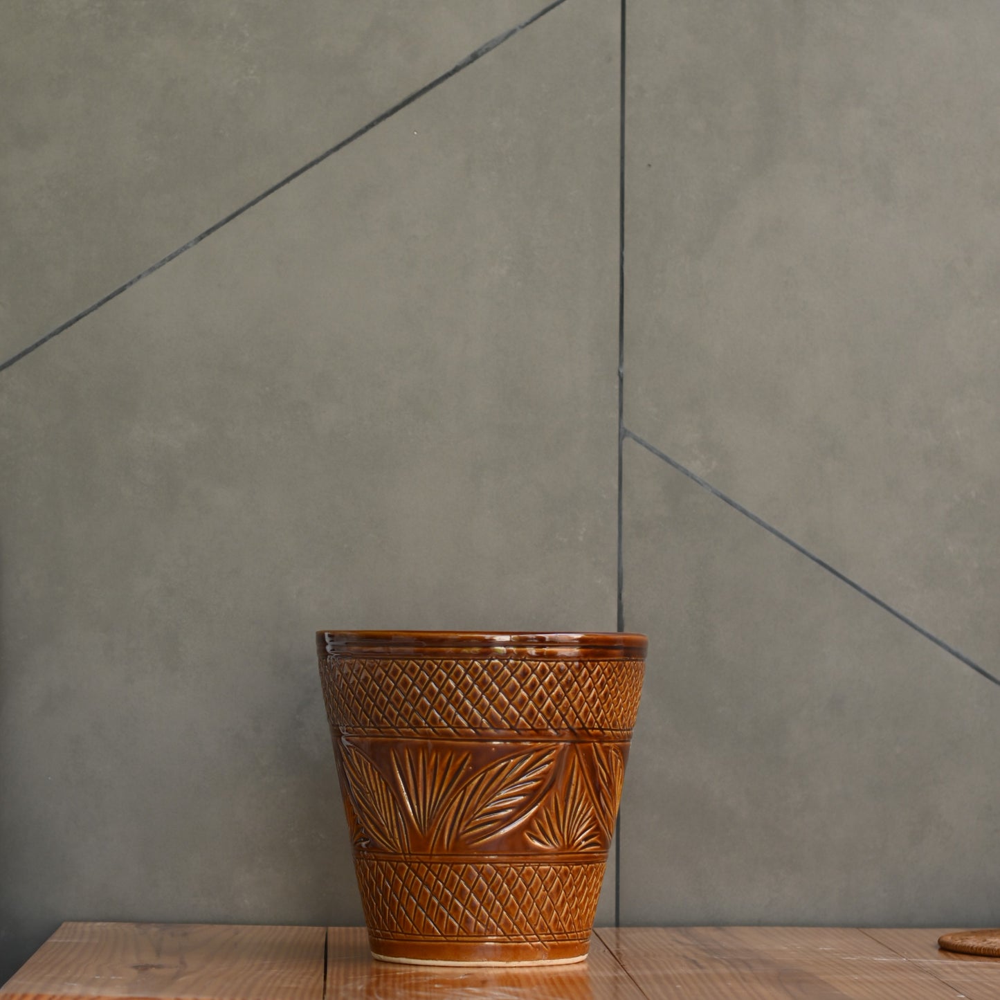 Ceramic Designer Cone Shape Leaf Design Pot, Brown