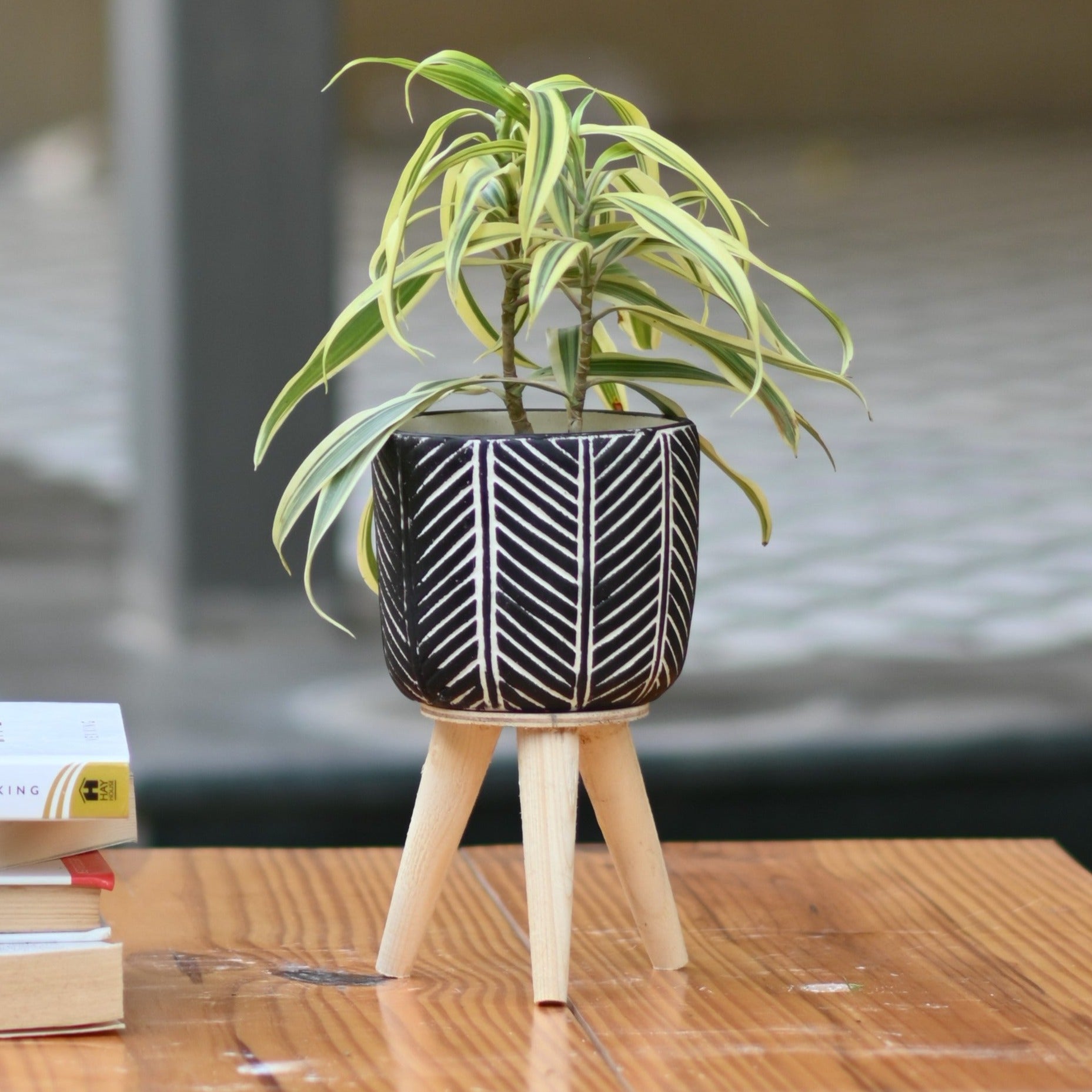 Ceramic Zigzag Black Pot with Stand