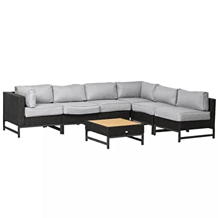 5 Pieces Outdoor Furniture L Shape Sectional Sofa with Wodden Top Coffee Table