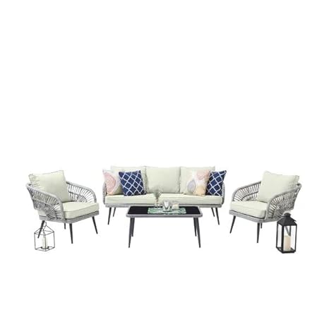 4 Seater Sofa Set Garden Rope Furniture Set with Cushion and Center Table