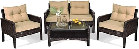 Outdoor Rattan Wicker 4 Piece Sofa Set with Cushions