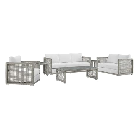 Silver Gray PE Wicker Furniture Conversation Sets with Washable Cushions & Glass Coffee Table for Garden