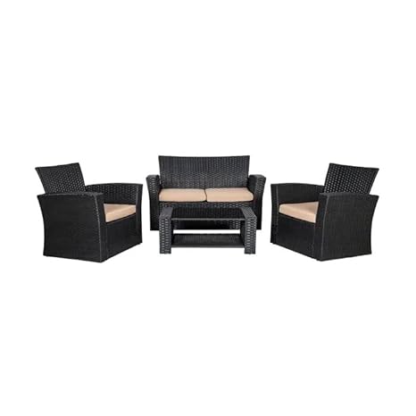 Outdoor Sectional Sofa Black All-Weather With Cushion & Table
