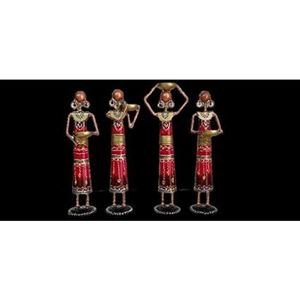 Handpainted Tribal Lady Worker Tea Light Stand/showpieces- Set of 4