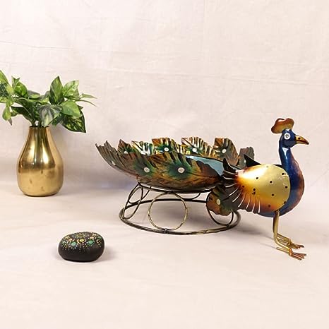Metal Painted Peacock Bowl Collectible Figurine