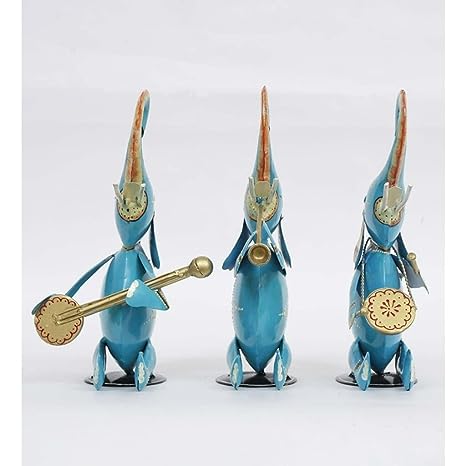 Handpainted Metal Musician Elephant Animal Figurine Set of- 3