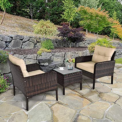 3 Pieces Patio Furniture Set Outdoor Rattan Wicker Coffee Table & Chairs Set