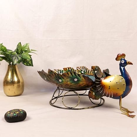 Metal Painted Peacock Bowl Collectible Figurine