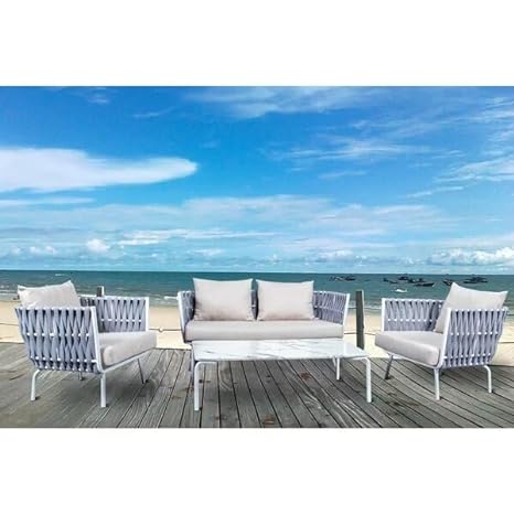 4 Piece Sofa Set Outdoor Indoor Garden Rope Furniture Set with Cushion and Center Table