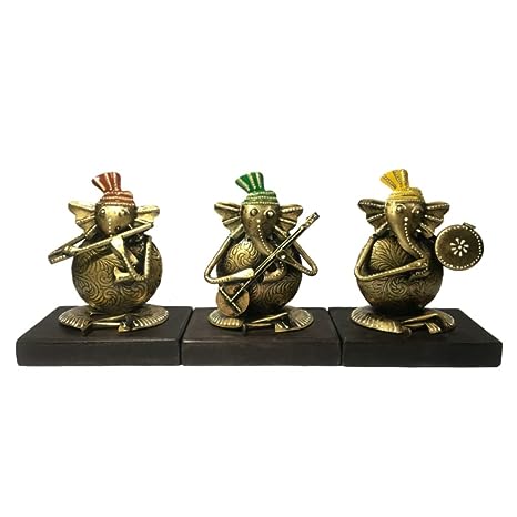 Handcrafted Wooden Iron Lord Ganesh Musician- Set of 3