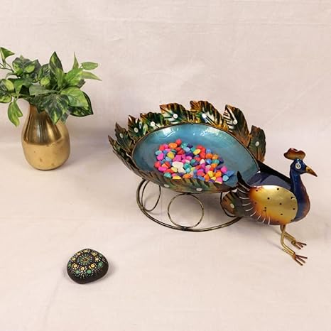 Metal Painted Peacock Bowl Collectible Figurine