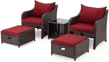 5 Pieces Patio Outdoor Rattan, Wicker Chair and Table With Cushion