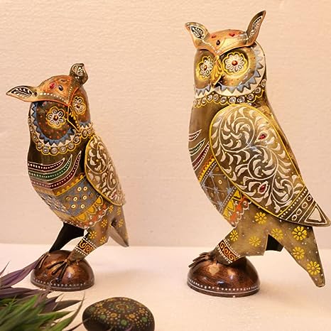 Handpainted Metal Owl Showpiece- Set of 2