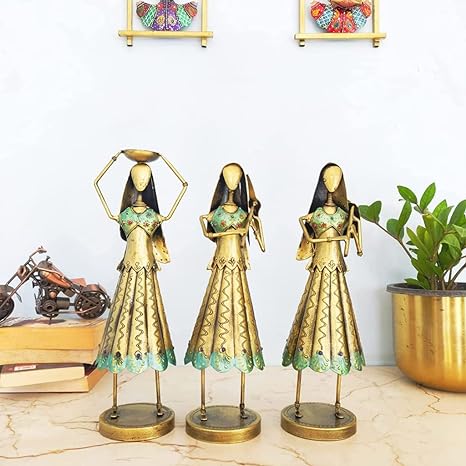 Antique Metal Tribal Working Lady Showpiece- Set of 3
