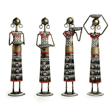 Handpainted Rajasthani Tribal Majdoor Ladies Tea Light Holder/ Showpiece- Set of 4