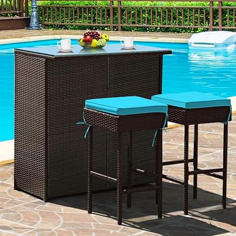 3 Piece Outdoor Rattan Wicker Bar Set with 2 Cushions Stools