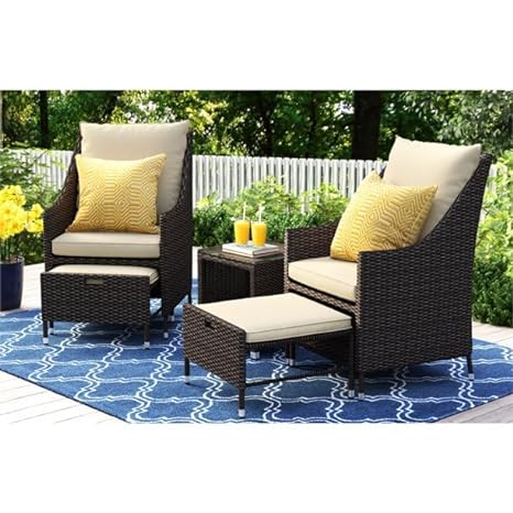 5 Pieces Outdoor Wicker Patio Furniture Set All Weather (2 Chair+ 2 ottoman+ 1 Table)