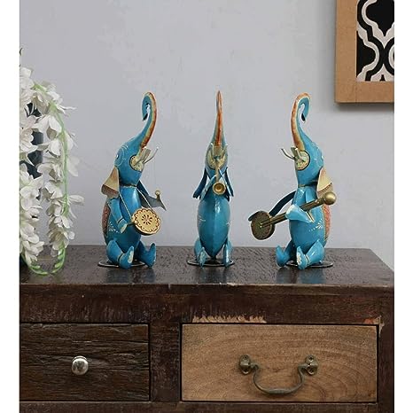 Handpainted Metal Musician Elephant Animal Figurine Set of- 3