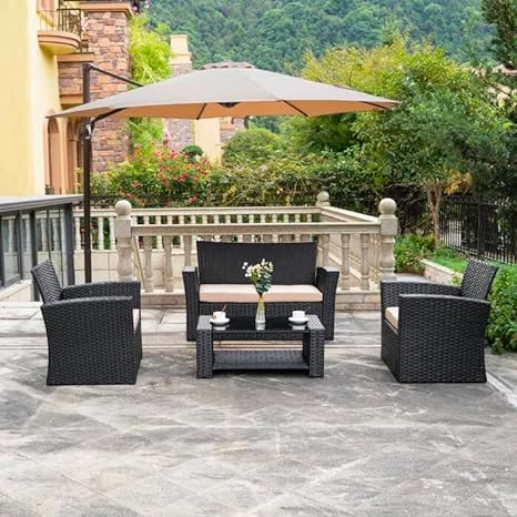 Outdoor Sectional Sofa Black All-Weather With Cushion & Table