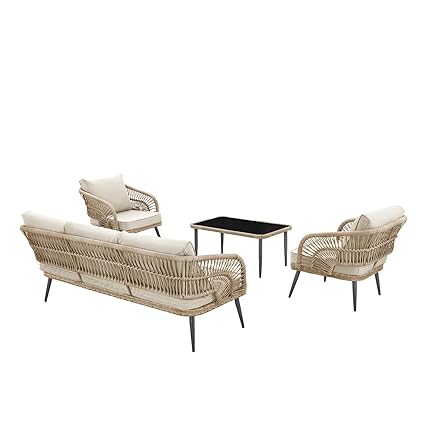 4-Piece Outdoor Rope Patio Furniture with Cushions & Table