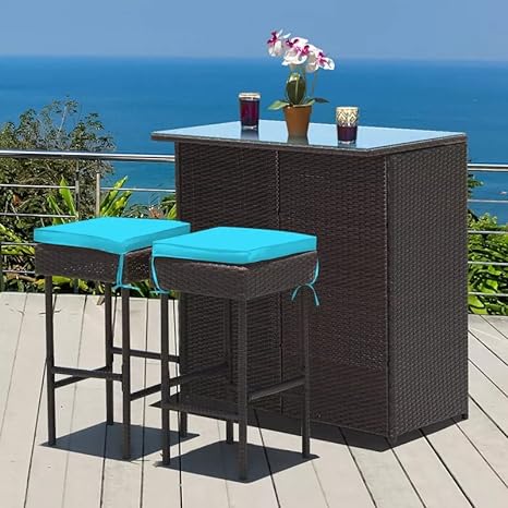 3 Piece Outdoor Rattan Wicker Bar Set with 2 Cushions Stools