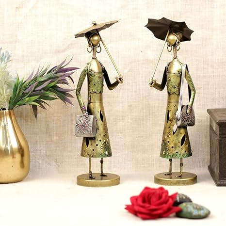 Handcrafted Metal Umbrella Lady Figurines- Set of 2