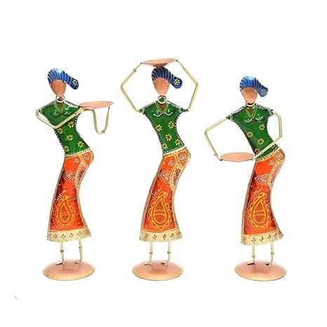 Lady Farmer Antique Motif Metal Showpiece- Set of 3