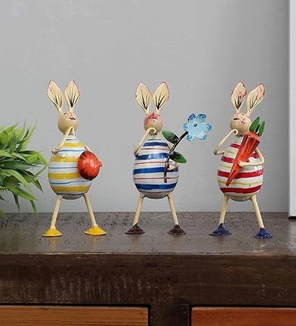 Iron Stripped Design Rabbit Showpiece- Set Of 3