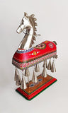 Handcrafted Wooden and Metal Maroon Horse with Bells Statue