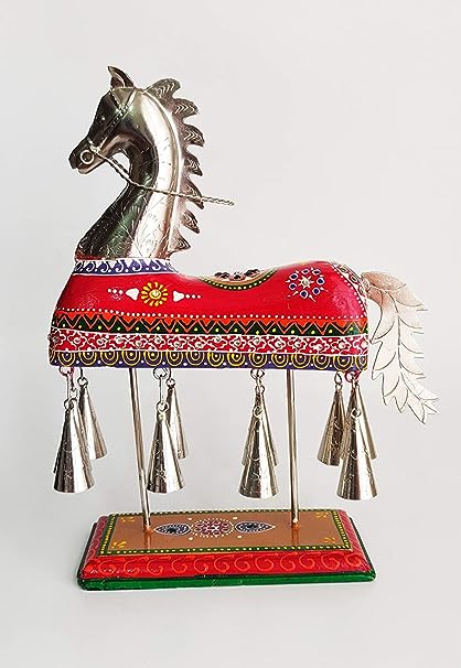 Handcrafted Wooden and Metal Maroon Horse with Bells Statue