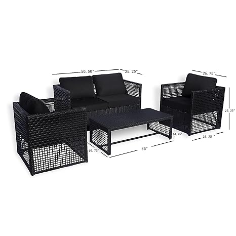Black PE Wicker Furniture Conversation Sets with Washable Cushions & Glass Coffee Table