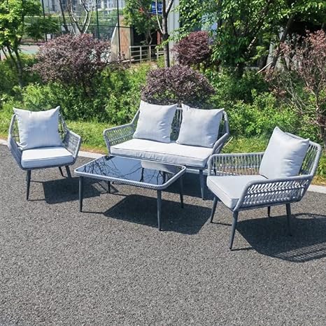 Power Coated Iron Frame & Handwoven 4 Person Seating Sofa set