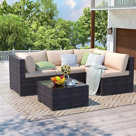 Wicker Rattan Garden Sofa Set with Cushion and Center Table