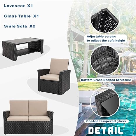 4-Piece Outdoor Sofa Couch With Glass Coffee Table