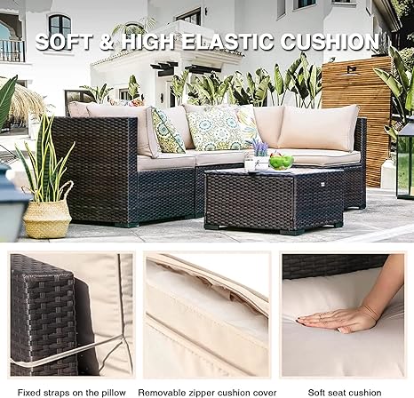 Wicker Rattan Garden Sofa Set with Cushion and Center Table