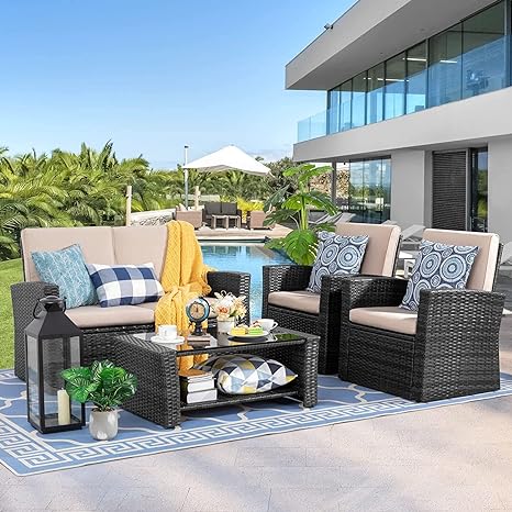 4-Piece Outdoor Sofa Couch With Glass Coffee Table