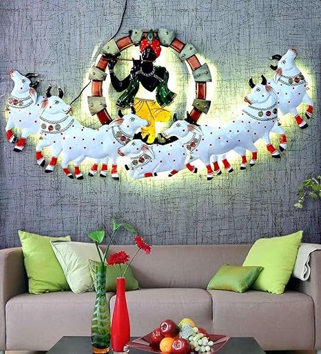 Krishna playing Bansuri With 7 Cow Wall Hanging In White Colour, with led metal wall art