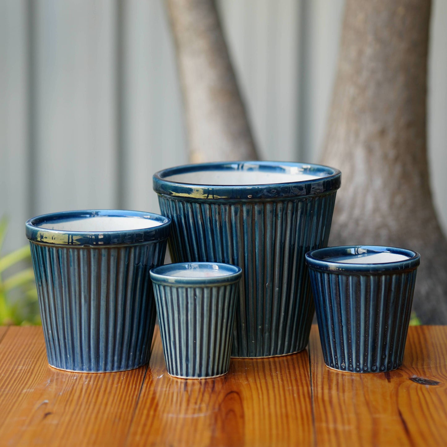 Vertical Ribbed Ceramic Planter- Blue