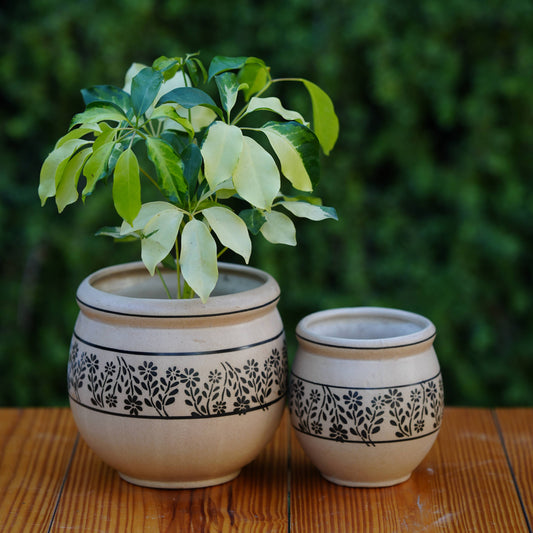 Artisanal Ceramic Planter with Leafy Motif