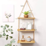 Wooden Floating Wall Shelf with Rope, Brown