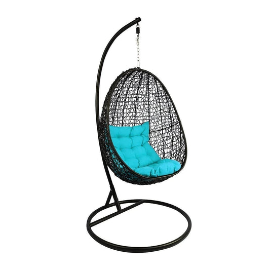 Dreamline Single Seater Black Hanging Swing With Stand For Balcony (SkyBlue Cushions)