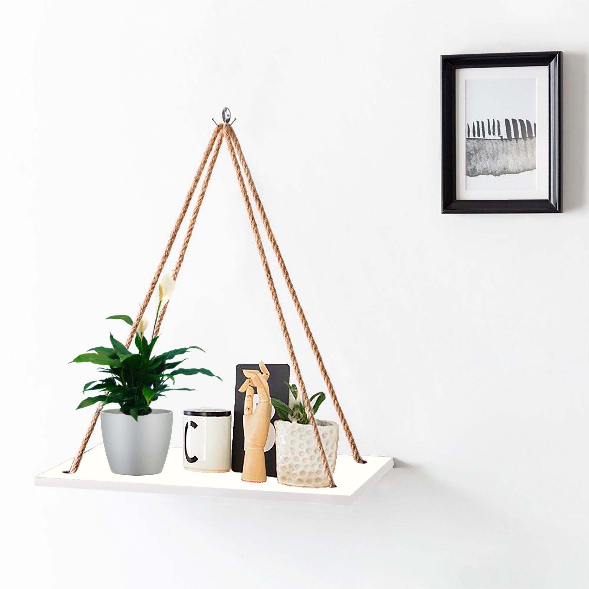 Wall Hanging Wood Floating Rustic Rope Plant Shelves (White)